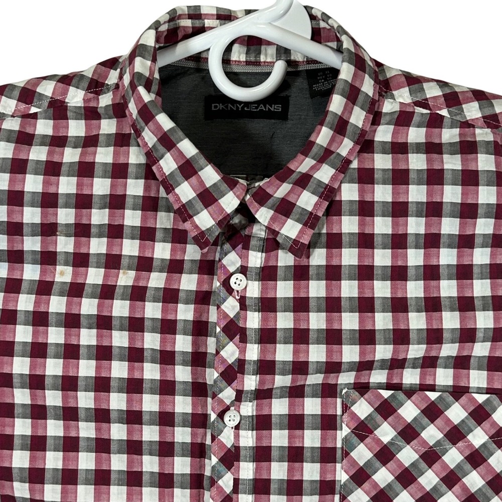 DKNY Jeans Mens XL Short Sleeve Button Down Shirt Burgundy Grey Gingham Plaid